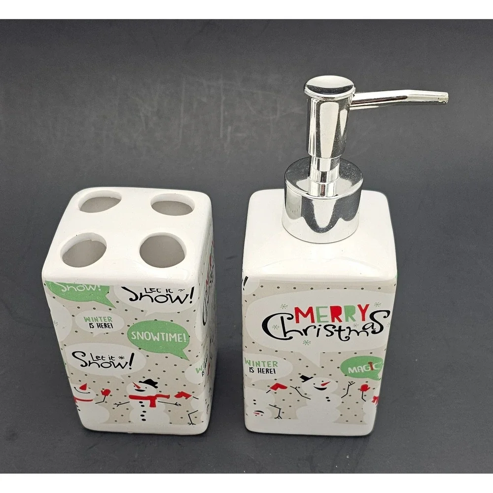 Christmas Snowman Ceramic Soap Dispenser and Toothbrush Holder Bathroom Set